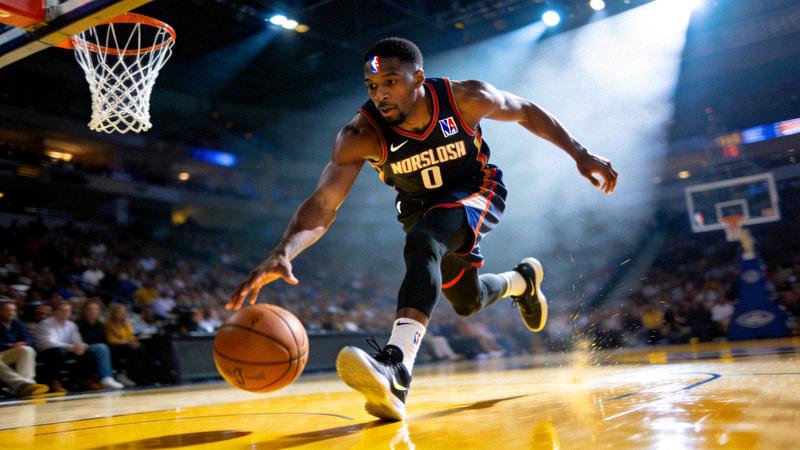 NBA篮球比赛中球员突破上篮瞬间与球馆聚光灯效果高清画面